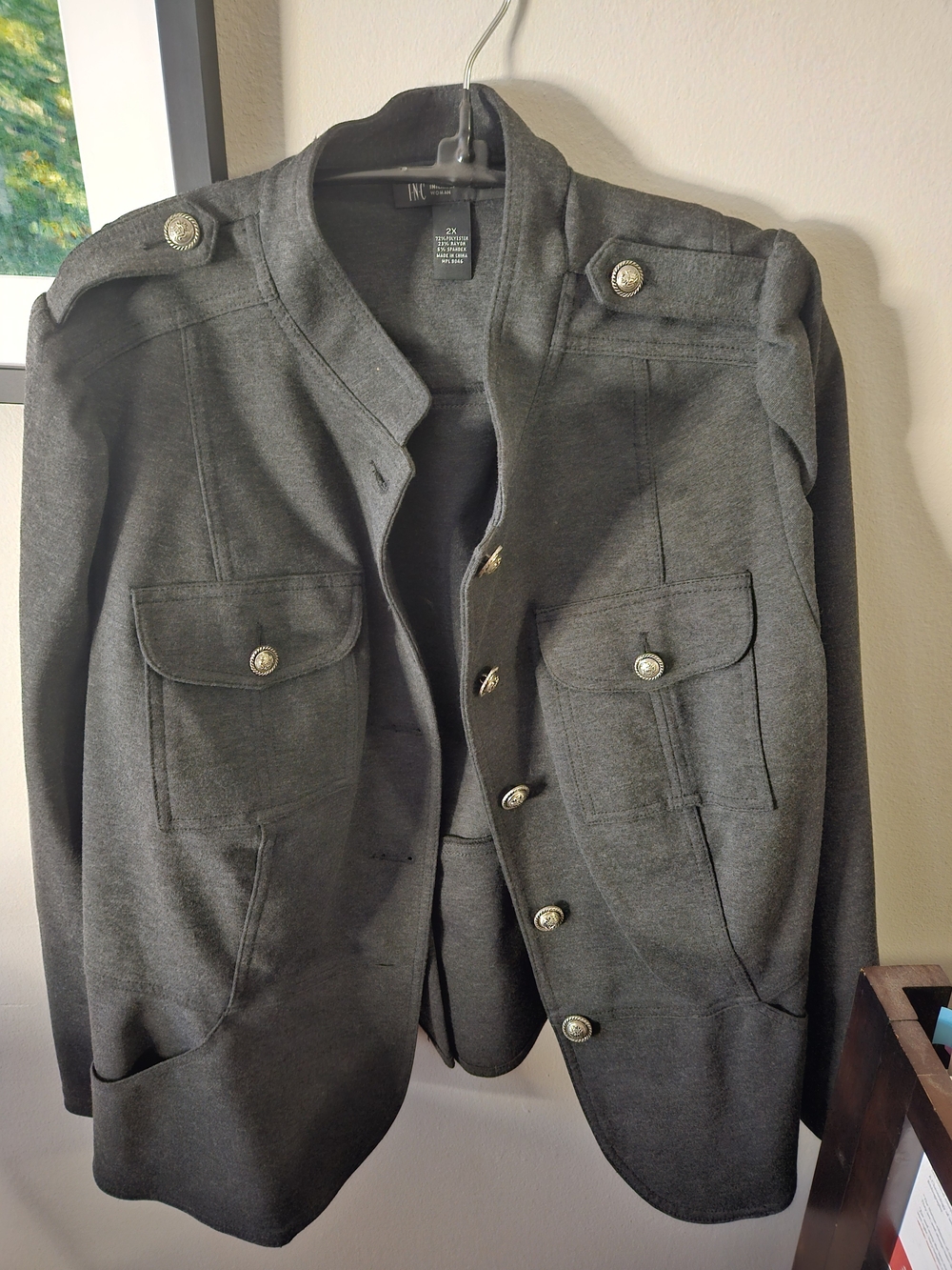 INC International Concepts Dark Gray Military Jacket with Decorative Buttons